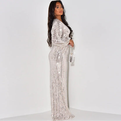 Waist Wrapped V-Neck Sequins Long Sleeve Long Dress.