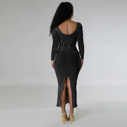 Long Sleeve Square Neck Slim Fit Split Dress.