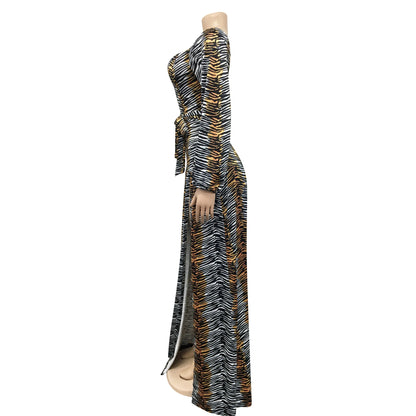 Leopard Print V Neck Wrapped Evening Dress.