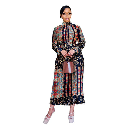 Printed Long Sleeves Pressed Pleated Dress.