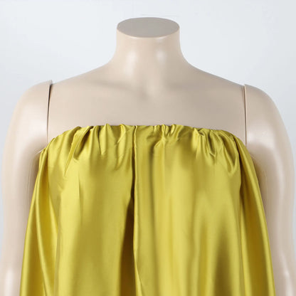 Satin Top Pressed Pleated Sleeveless Off Shoulder Evening Dress.