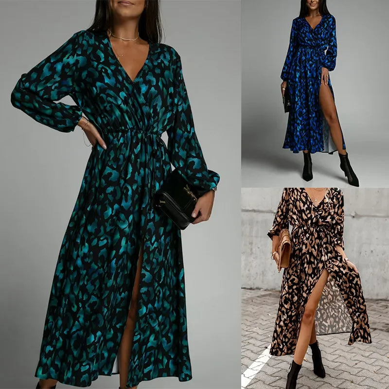 V Neck Long Sleeves Printed Sexy Split Slim Party Dress.