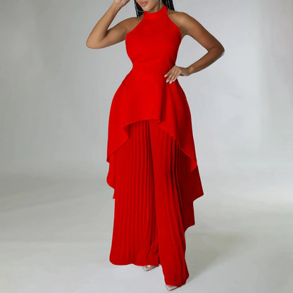 Sleeveless Irregular Top Wide Leg Pants Set Dress.