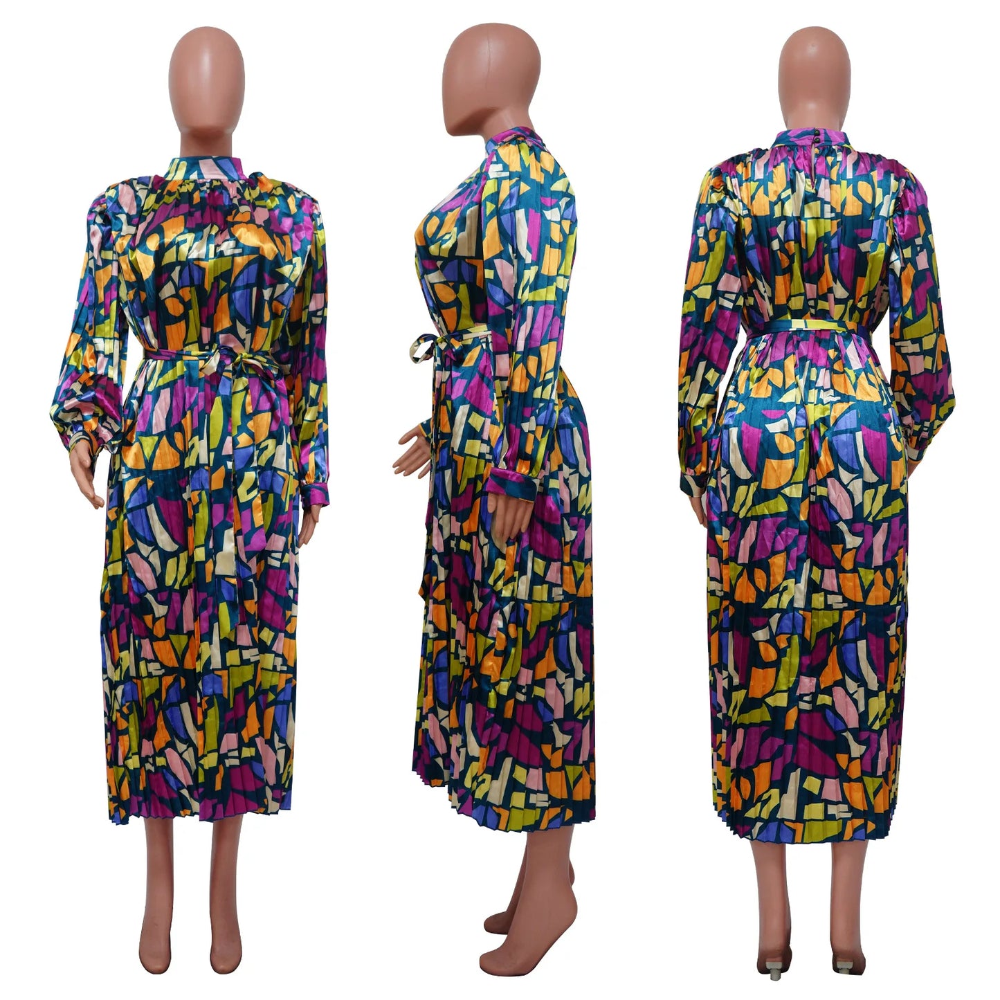 Printed Long Sleeves Pressed Pleated Dress.