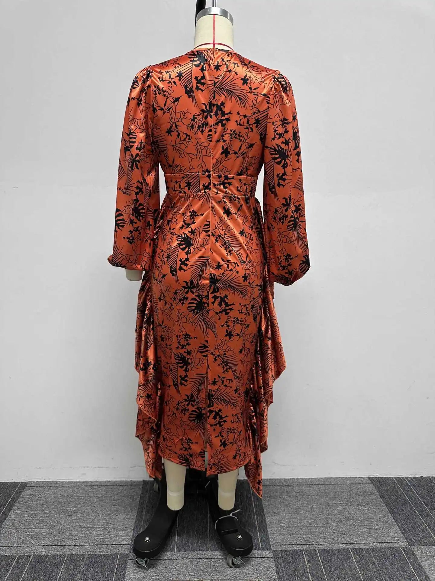 Printed Ruffle Edge Pleated Wrapped Hip Slim Fit Long Sleeve Dress.