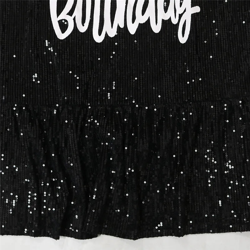 Short Sleeve Letter Sequins Shiny Casual Dress.