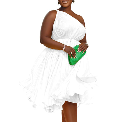 Pleated Slanted Shoulders Swing Strap Evening Dress.