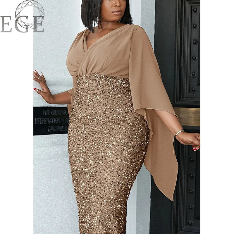 Plus Size Shiny Chiffon Midi V Neck Dress.