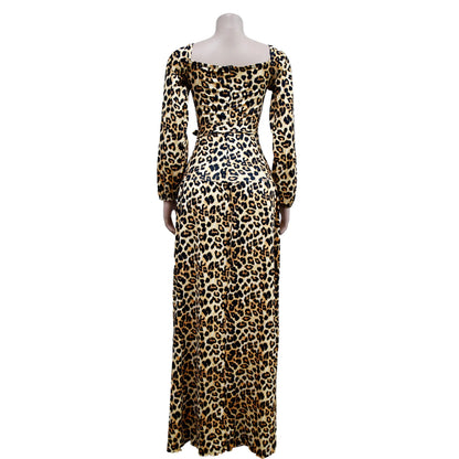 Leopard Print V Neck Wrapped Evening Dress.