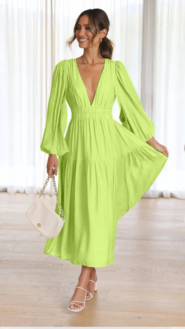 Slim Pleated V Neck Long Sleeve Dress.