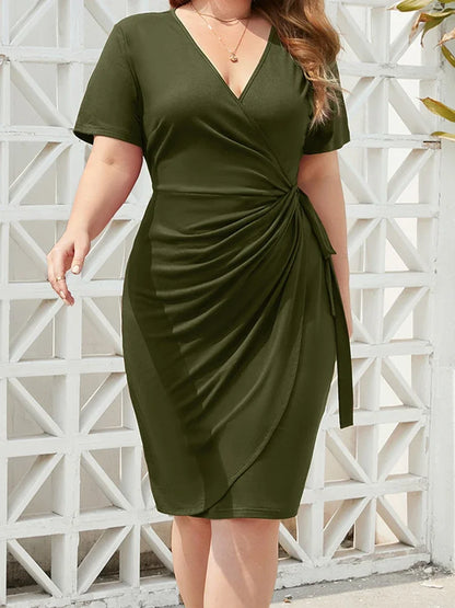 Pleated Solid Colour Bandage Midi Dress