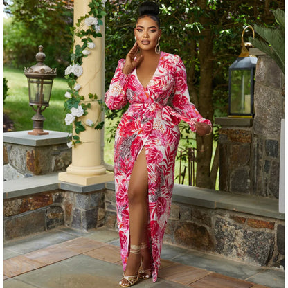 V-neck Printed Long Sleeve Lace Split Dress.