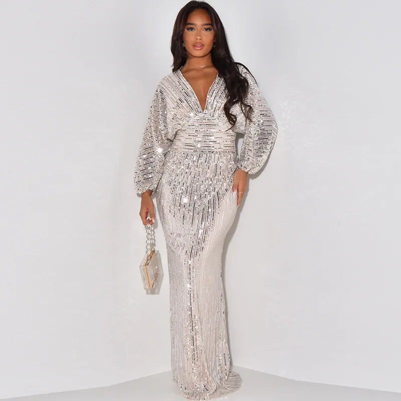 Waist Wrapped V-Neck Sequins Long Sleeve Long Dress.