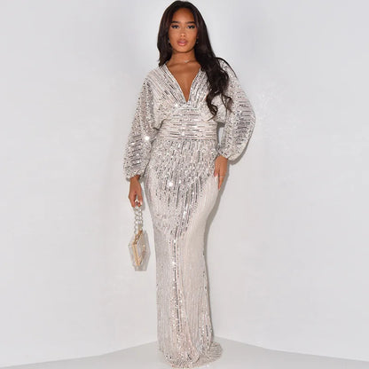 Waist Wrapped V-Neck Sequins Long Sleeve Long Dress.