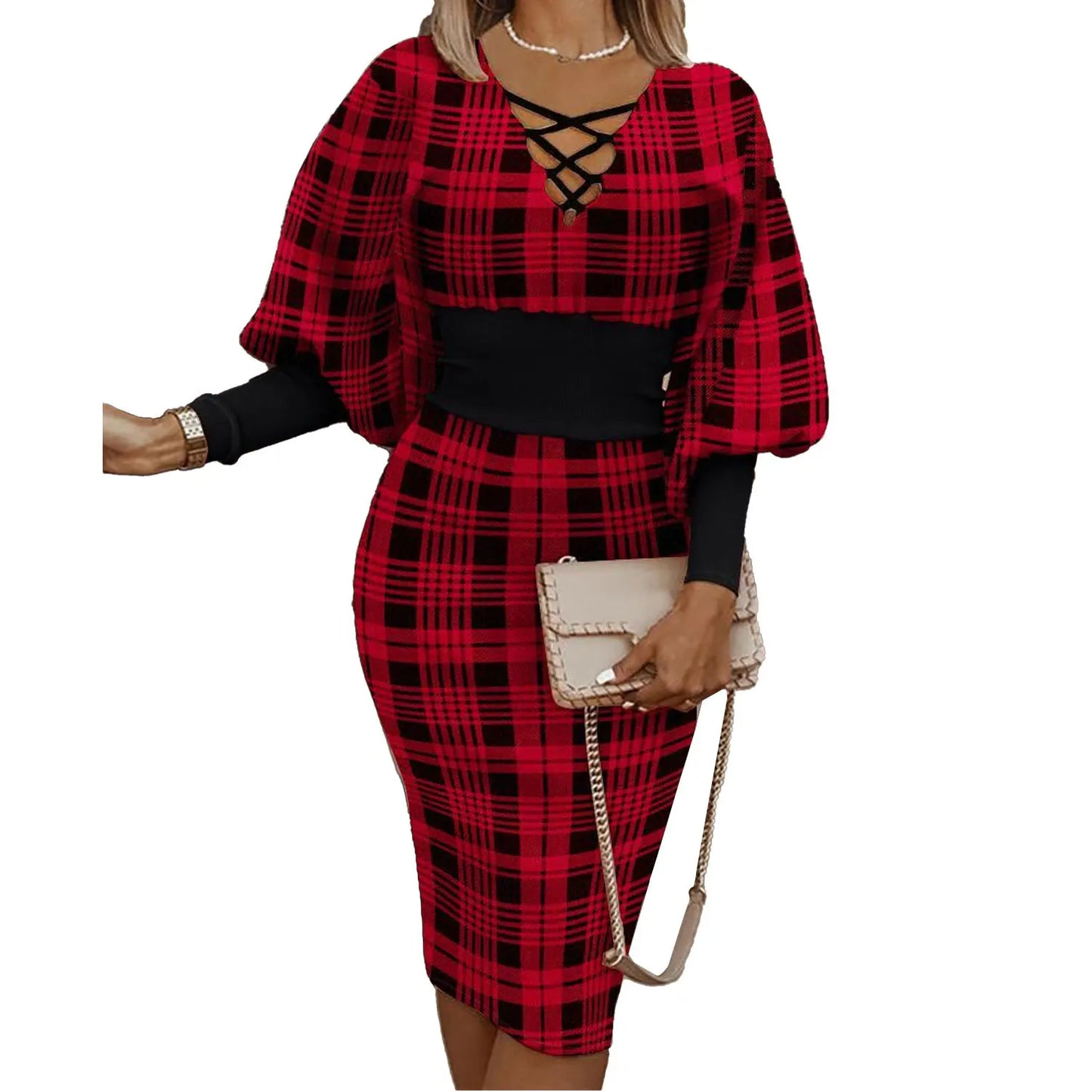 Long Sleeve V-Neck Plaid Pencil Dress