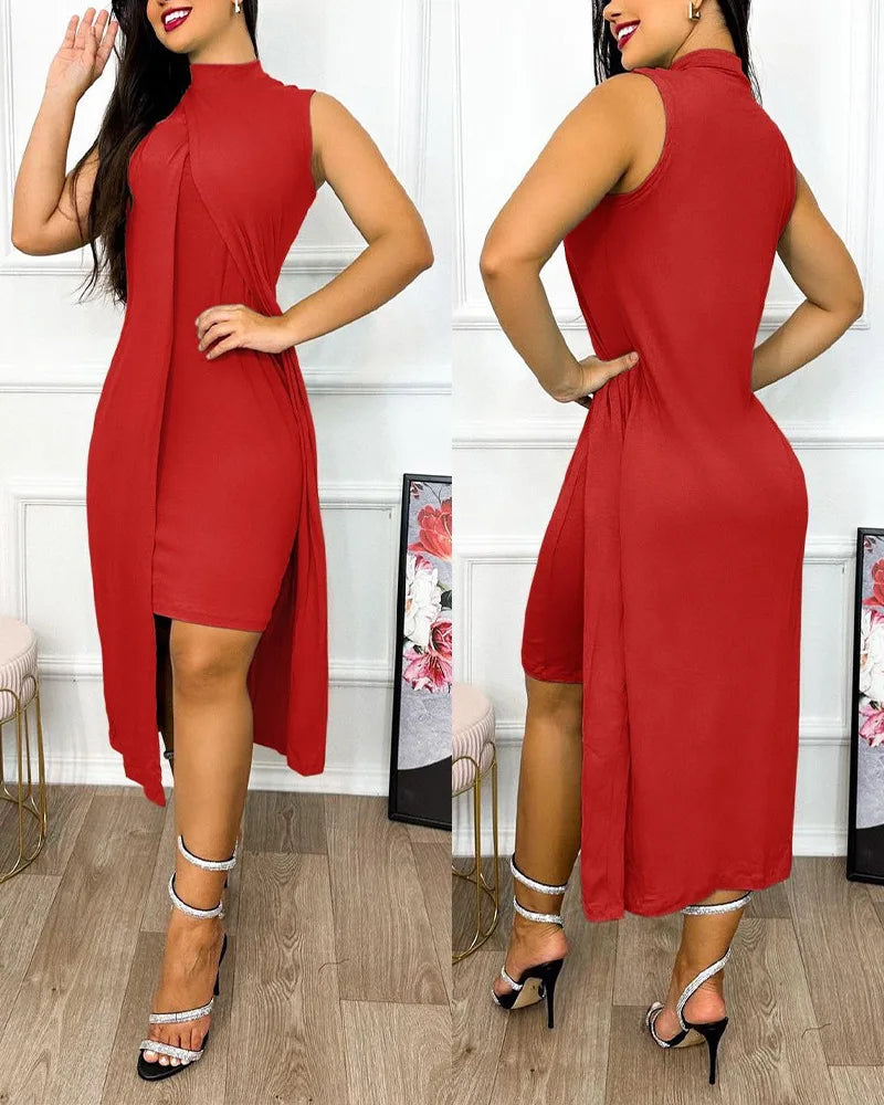 Sleeveless Irregular Round Neck Sleeveless Split Dress.