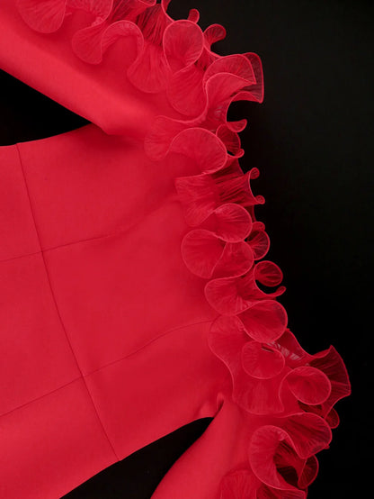 Red Skinny Sexy Slash Neck Ruffles Midi Dress.