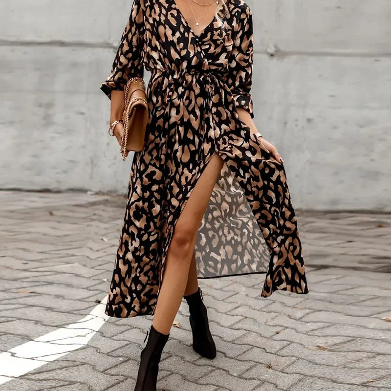 V Neck Long Sleeves Printed Sexy Split Slim Party Dress.