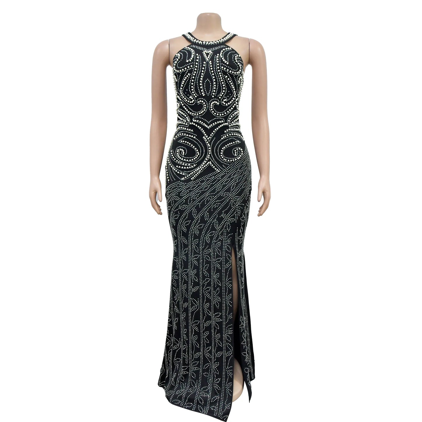 Diamond Pin Bead Split Backless Party Evening Dress.