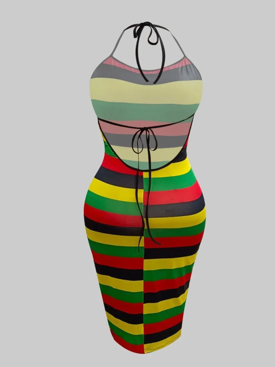 Plus Size Striped Backless Rainbow Dress.