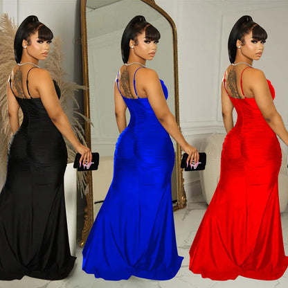 Mesh Split Sling Strap Evening Dress.
