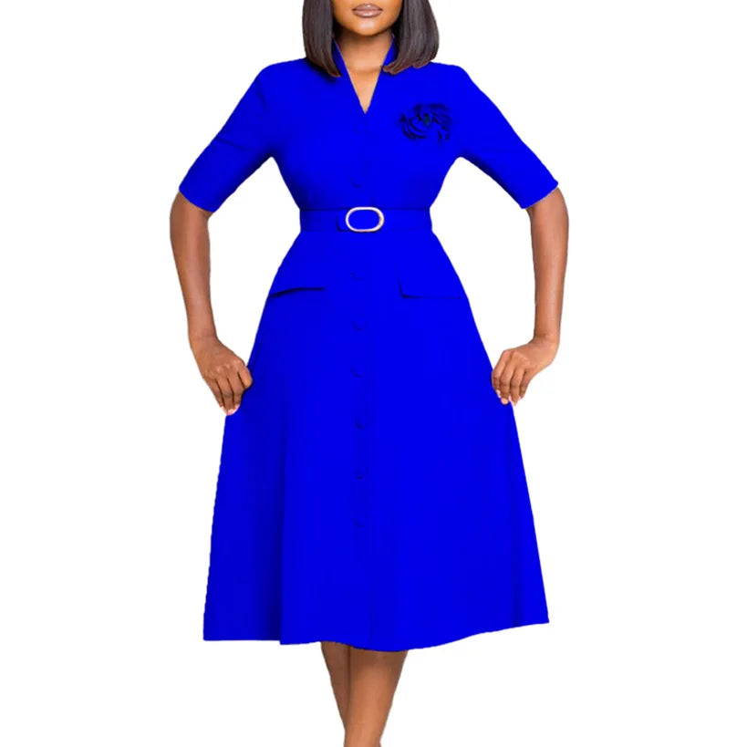 Half-sleeve Button Slim-fit Corsage A-line Dress.