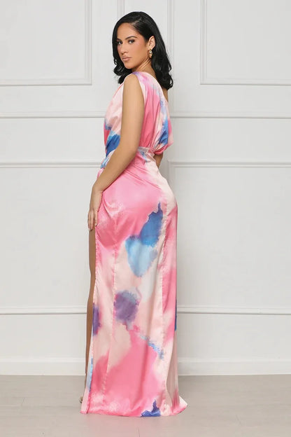 Sexy Sleeveless Slanted Shoulder Vibrant Gradient Slit Dress.