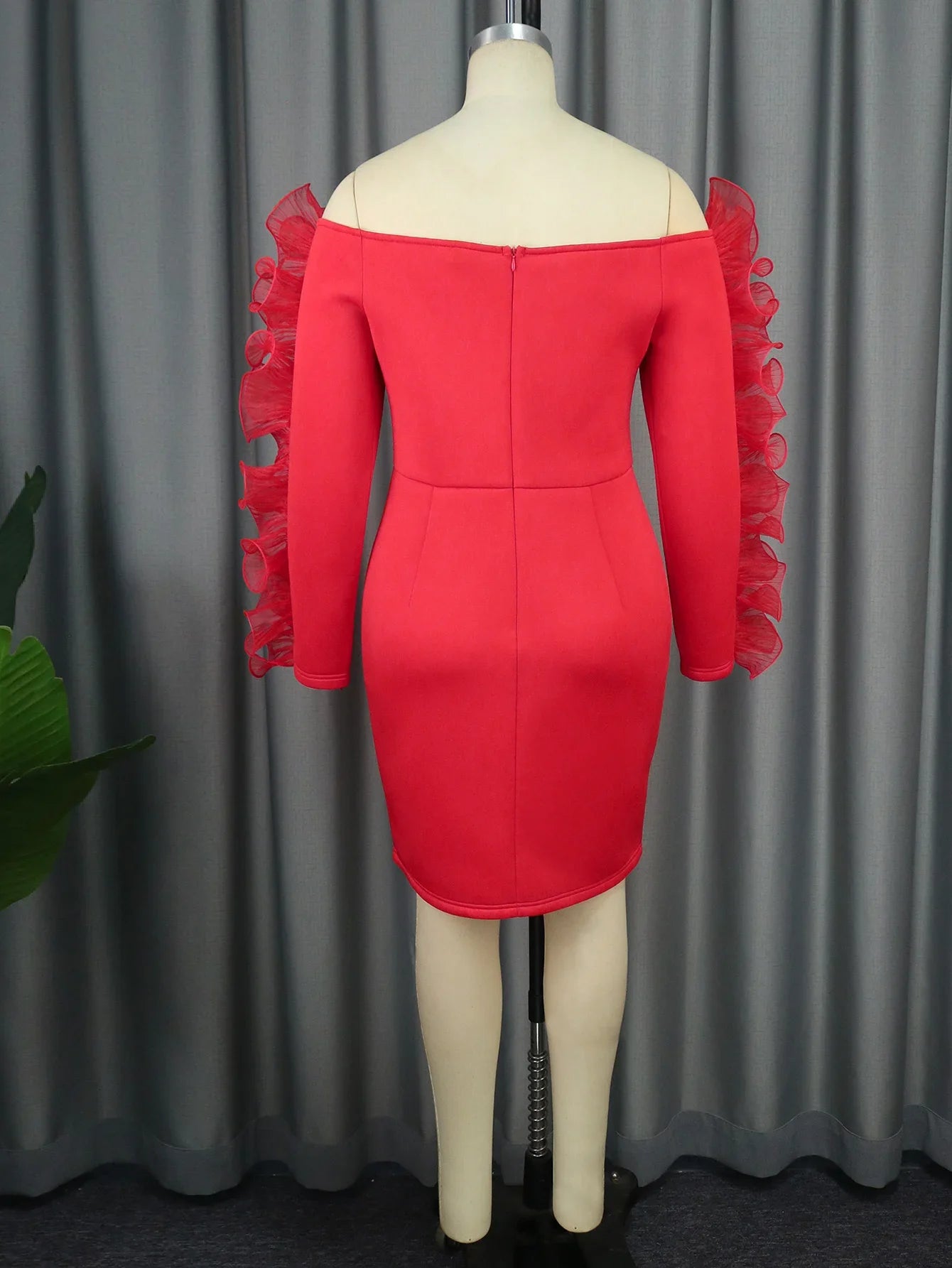 Red Skinny Sexy Slash Neck Ruffles Midi Dress.