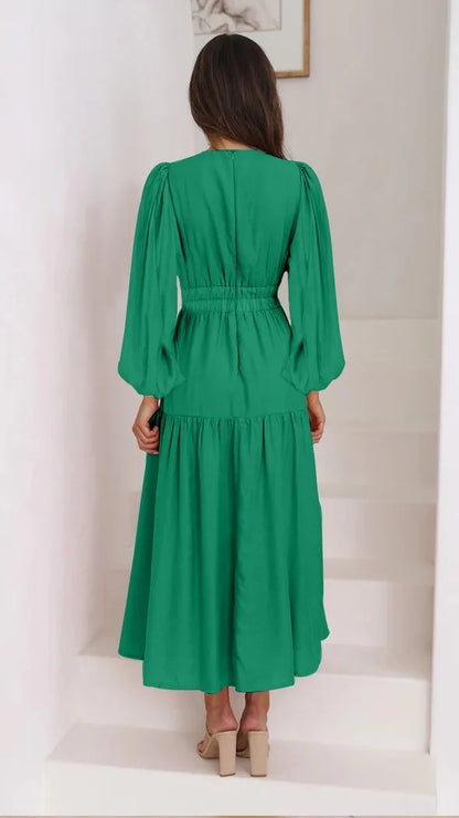 Slim Pleated V Neck Long Sleeve Dress.