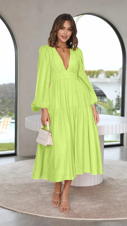 Slim Pleated V Neck Long Sleeve Dress.