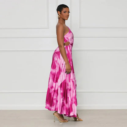 Oblique Single Shoulder Pleated Print Long Dress.