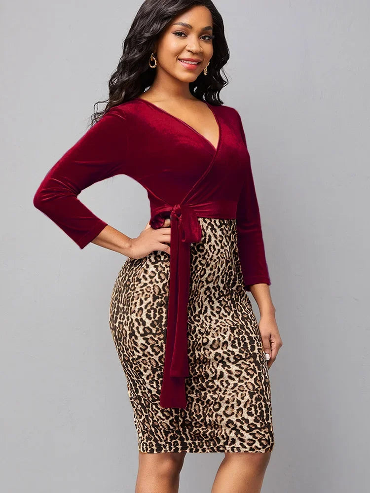 Sexy Leopard Print V-neck Long-sleeved Work Dress.