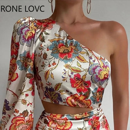 One Shoulder Long Puff Sleeves Crop Top Floral Dress.