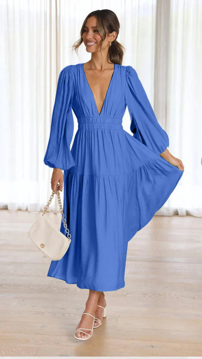 Slim Pleated V Neck Long Sleeve Dress.