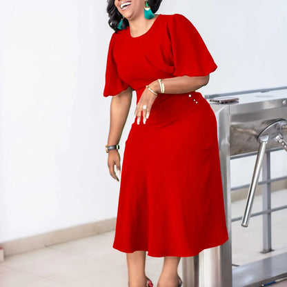 Round Neck Short Sleeve Pleated Solid Casual Long Dress.