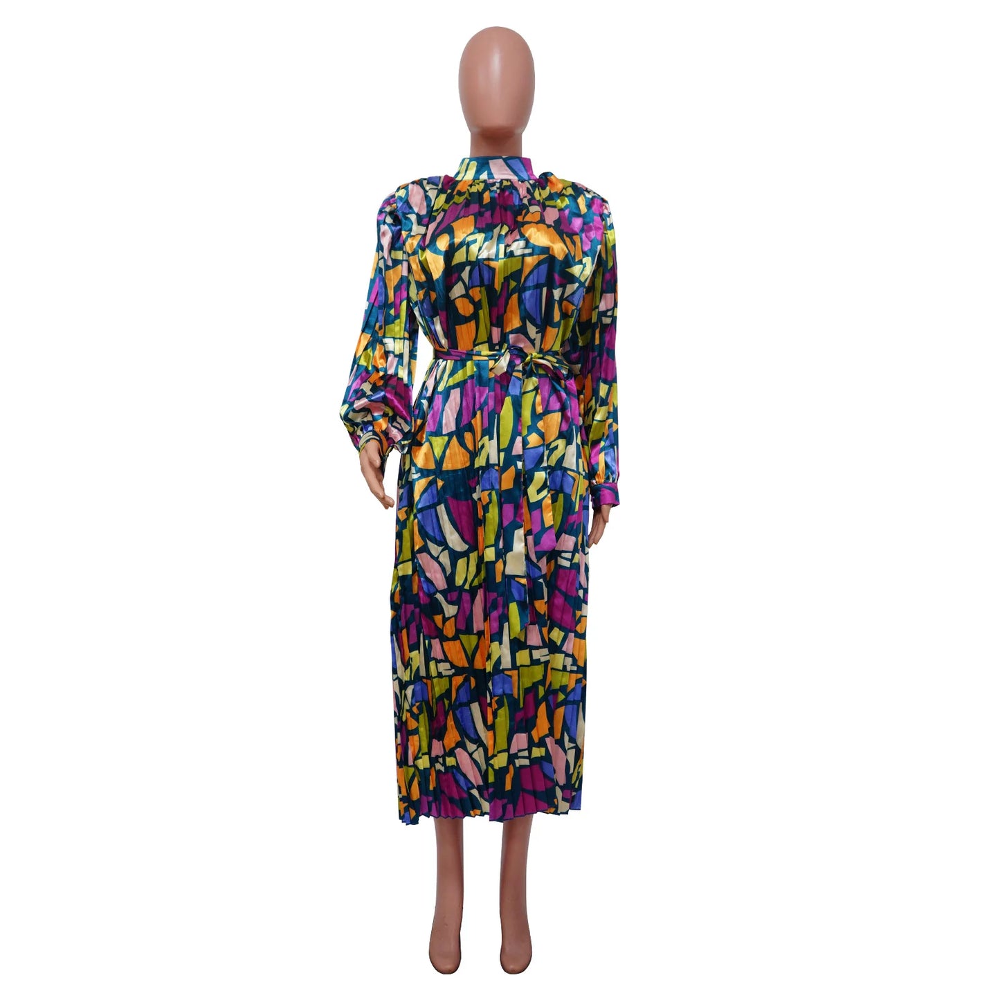 Printed Long Sleeves Pressed Pleated Dress.