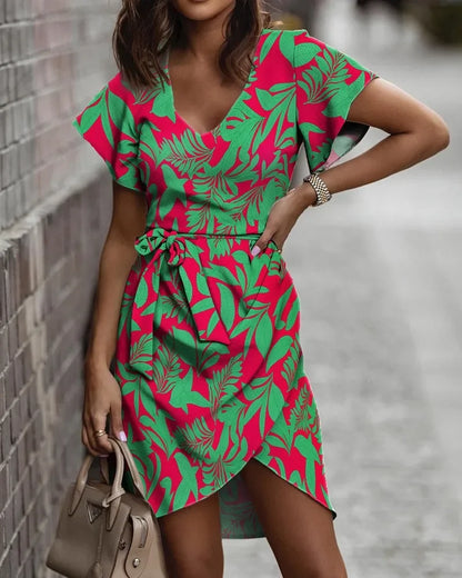 Print Pullover A-Line Dress Belt Versatile Short Sleeve Dress.