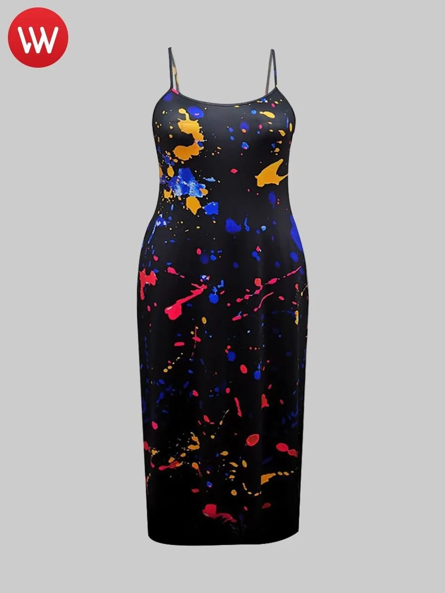 Plus Size Boho U Neck Splash-ink Dress.