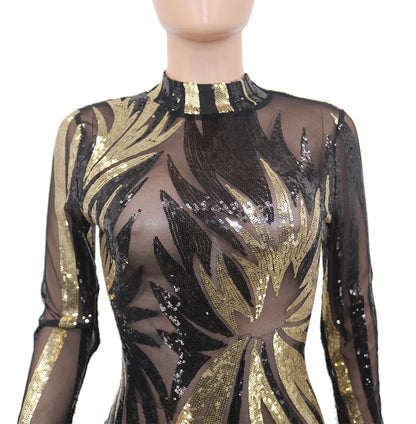 Printed Sequin Mesh Long Sleeve Wrap Hip Mini Evening Dress.