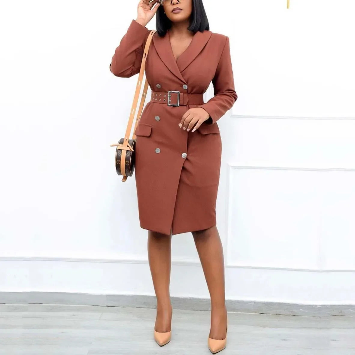 Office Ladies Elegant Solid Full Sleeve Turn Down Dress.