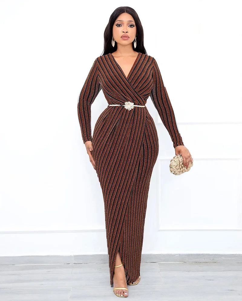 Gold and Silver Stripe Wrapped Hip Party Dress.