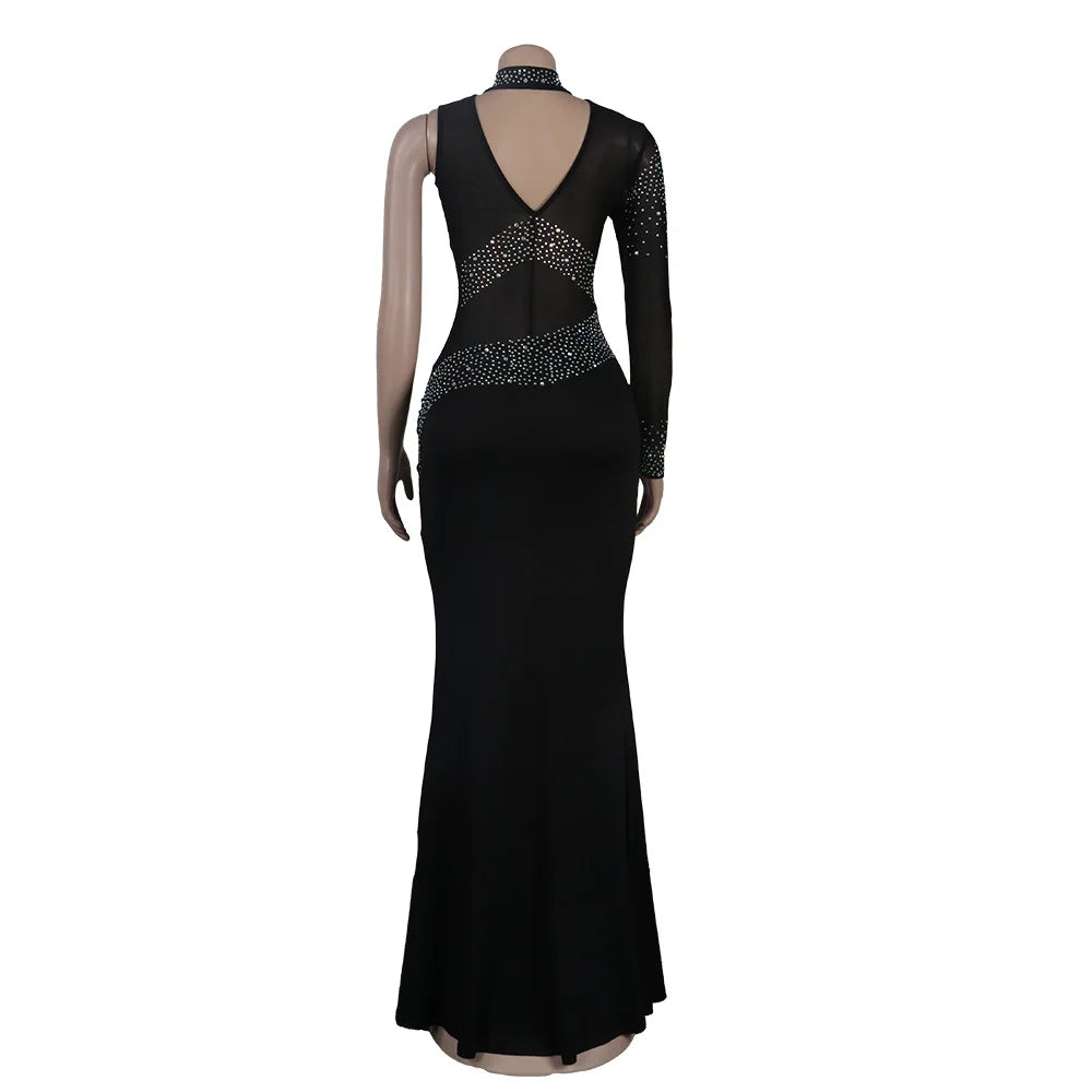 Rhinestone Sheer Luxury Patchwork Long Dress. - Missheko