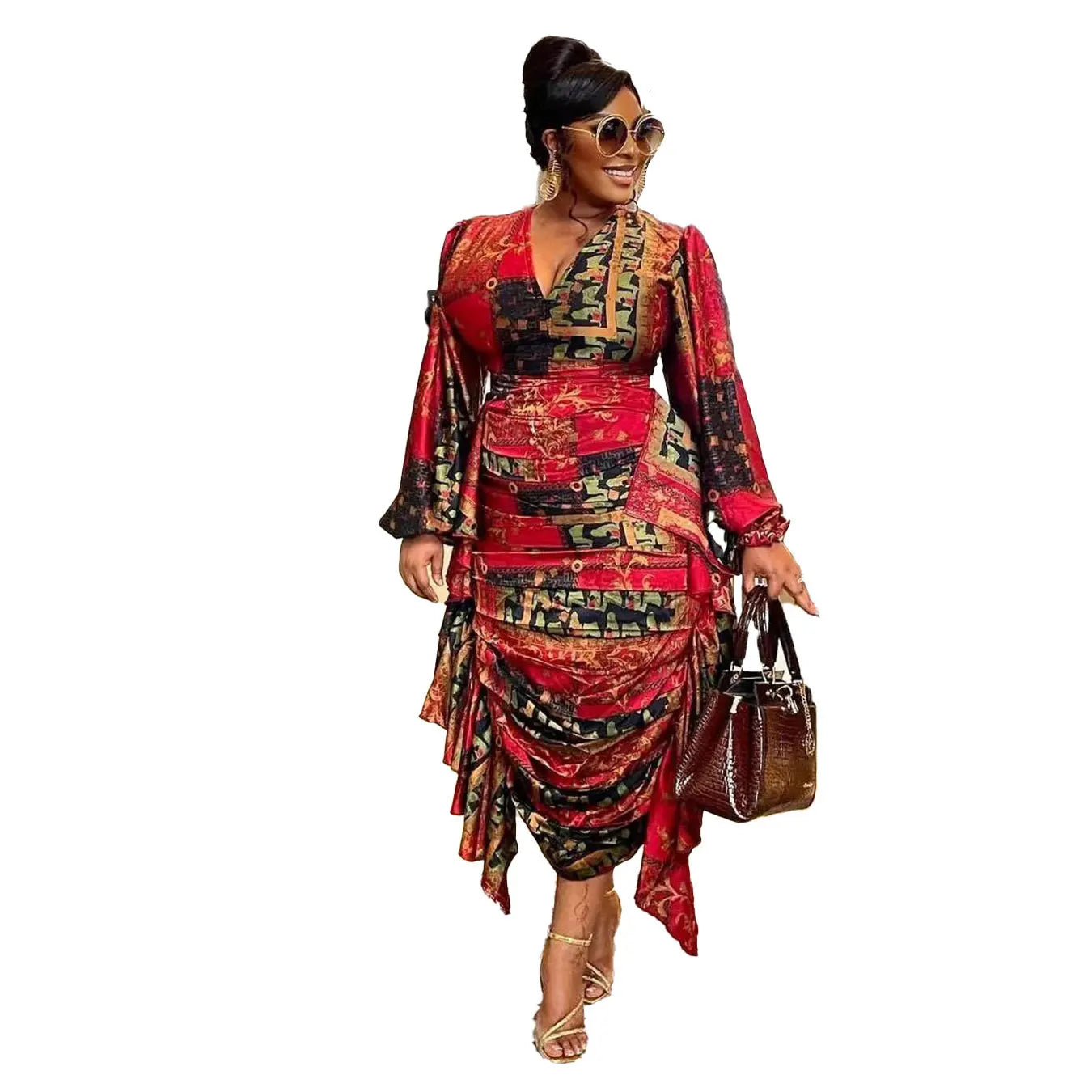 Printed Ruffle Edge Pleated Wrapped Hip Slim Fit Long Sleeve Dress.