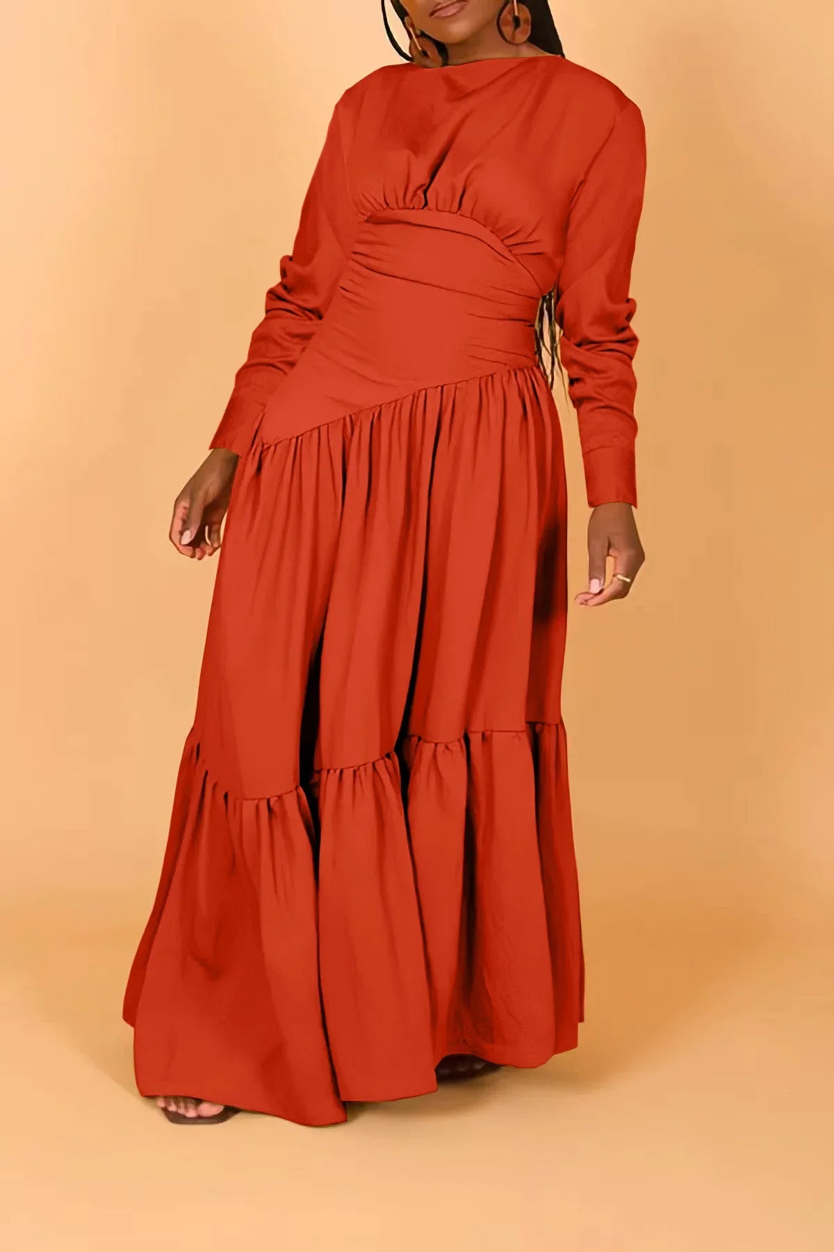 Pleated A-line Round Neck Long Sleeve High Waist Long Dress.