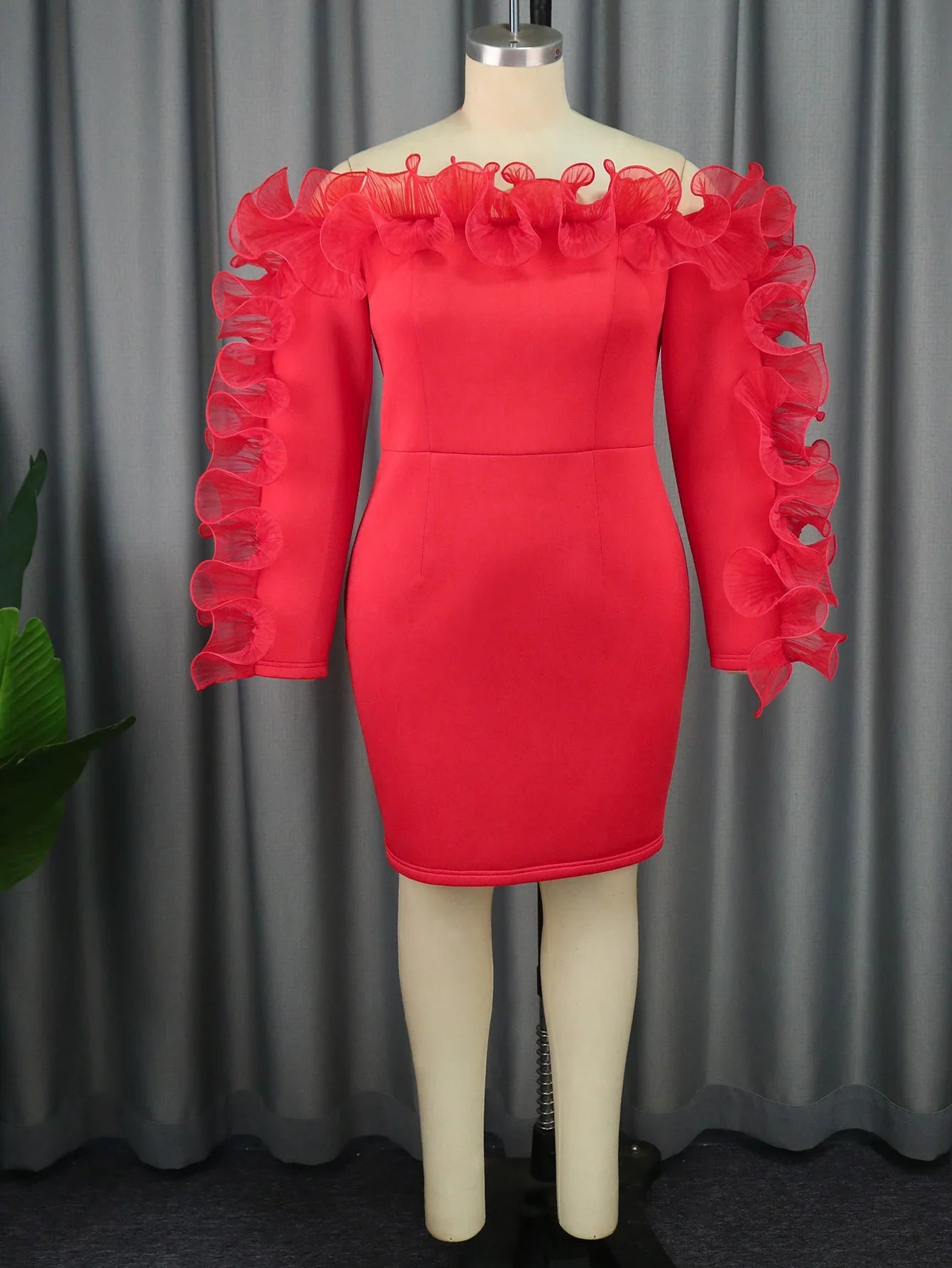 Red Skinny Sexy Slash Neck Ruffles Midi Dress.