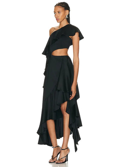 Sexy Asymmetric Ruffled Slanted Cut Out Dress.