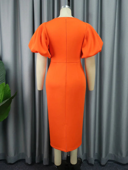 Women Short Lantern Sleeve Mid-Calf Dress.