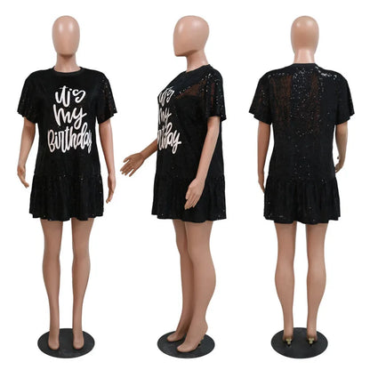 Short Sleeve Letter Sequins Shiny Casual Dress.