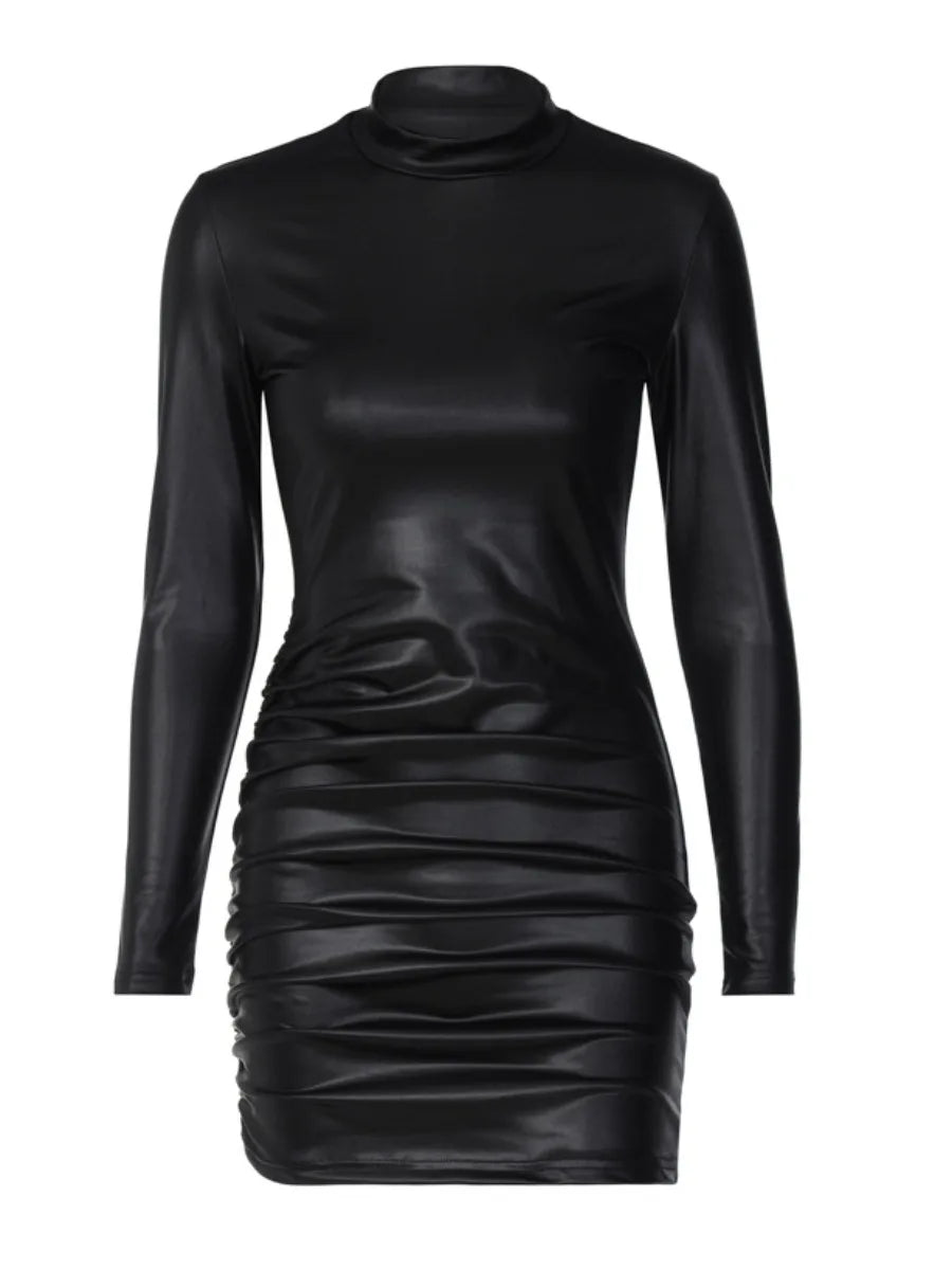 Faux Leather Ruched Dress Sexy Hipster PU Leather.