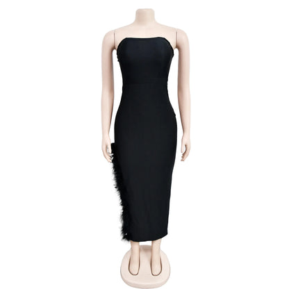 Feather Wrapped Chest Sleeveless Strapless Slim Dress.